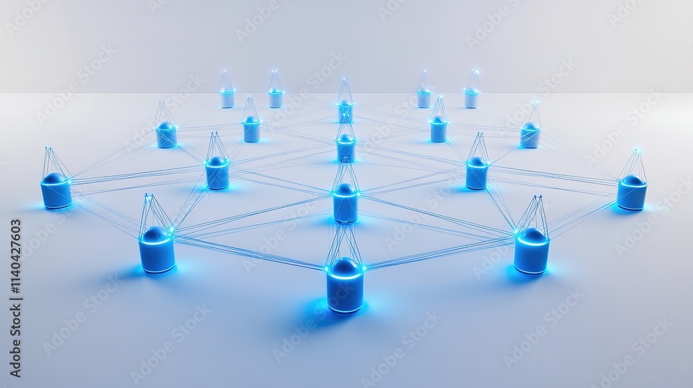 Poster blue cone-shaped network nodes connected by lines on white.