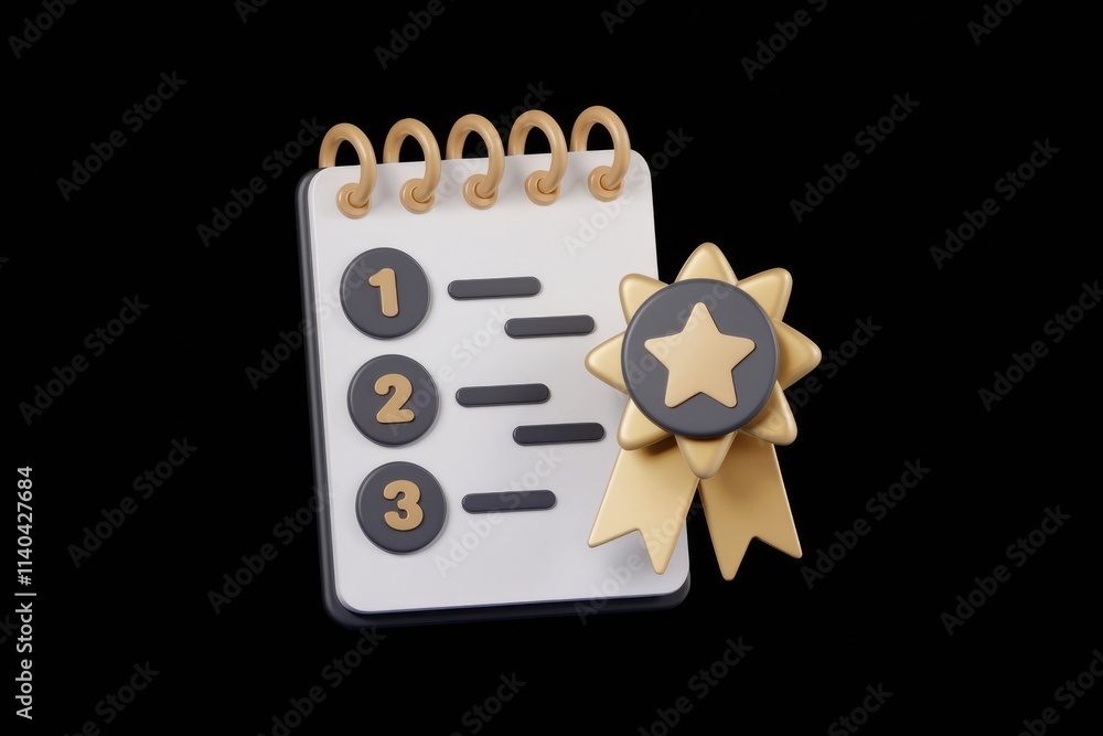 Poster 3D render of notepad with numbered list and gold star
