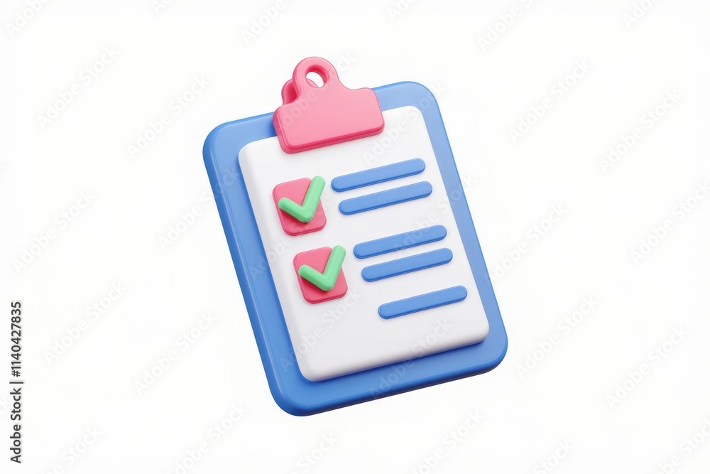 Poster 3D checklist clipboard with completed tasks symbolizing organization.