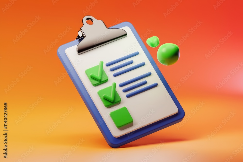 Poster 3D rendering of checklist clipboard with green checkmarks.