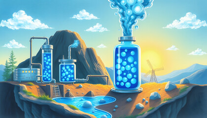 Realistic animation of blue hydrogen extraction processes, showcasing the sustainable transformation of energy resources, crayon drawing, with white tones