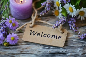 Naklejka premium Welcome sign with lavender and daisies.