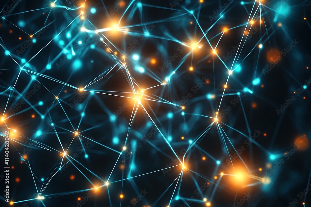 Poster blue glowing network signals with dynamic lines, nodes.