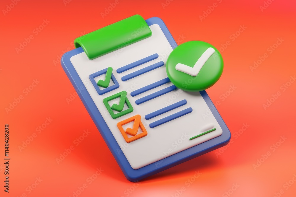 Poster 3D rendering of a checklist with checkmarks  indicating task completion and progress.