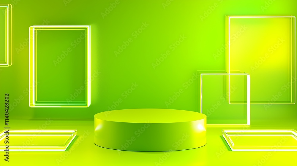 Poster modern 3d podium in empty space with neon frames and green background