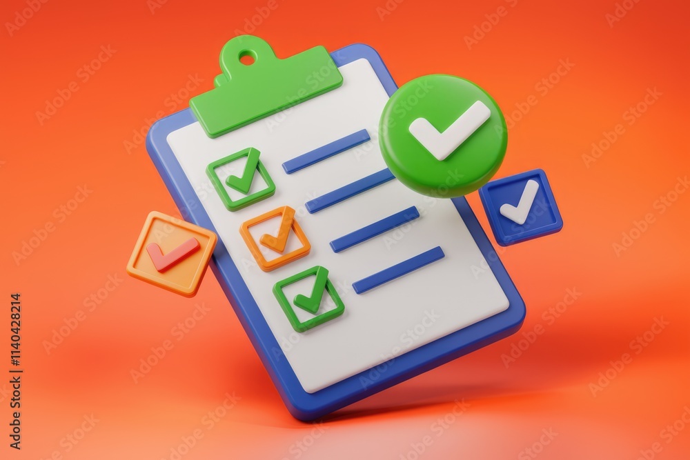 Poster 3D rendering of a checklist with colorful checkmarks  symbolizing task completion and organization.