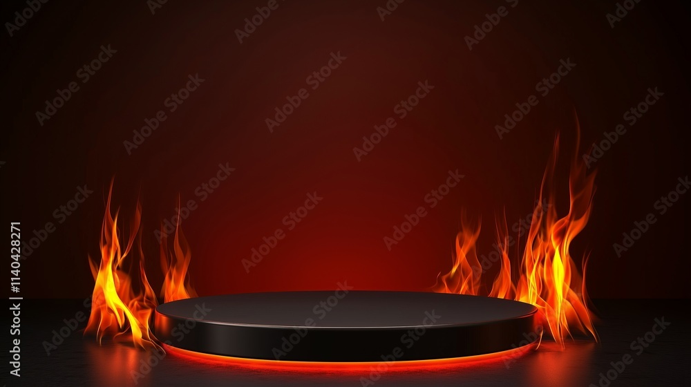 Poster modern 3d podium with empty space surrounded by fiery flames effect