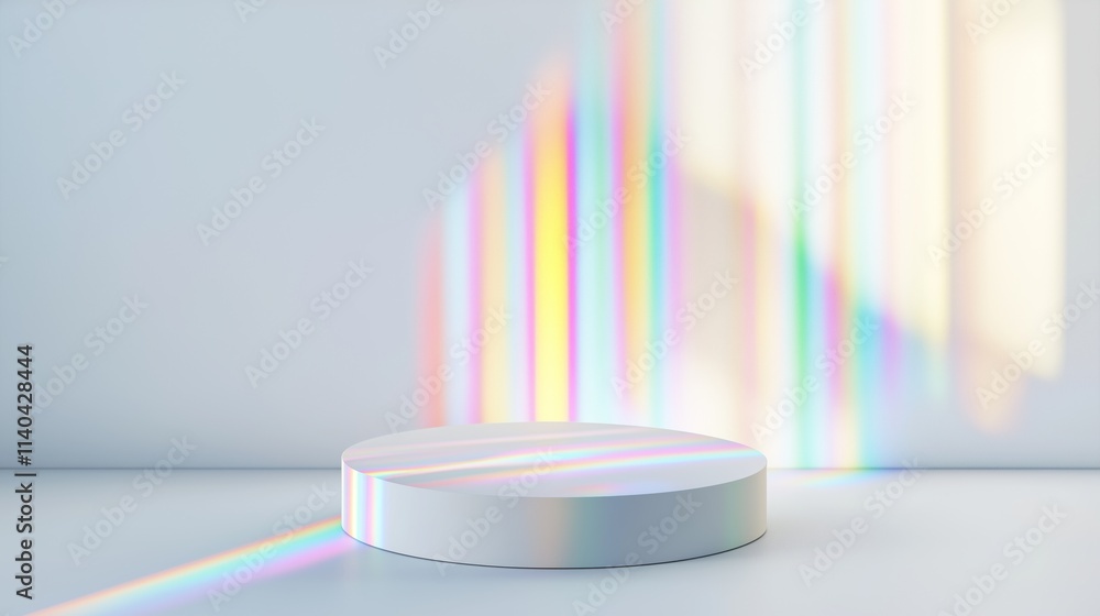 Poster modern 3d podium surrounded by ample empty space with colorful light rays