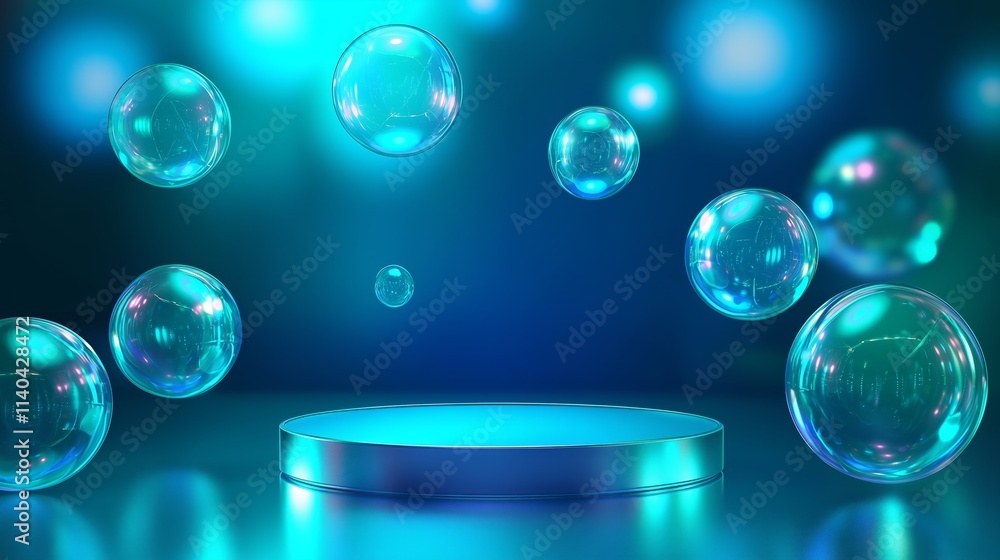 Aufkleber modern 3d podium with ample empty space and floating bubbles in background