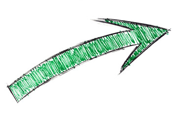 An arrow sign drawn with green pencil on transparent background