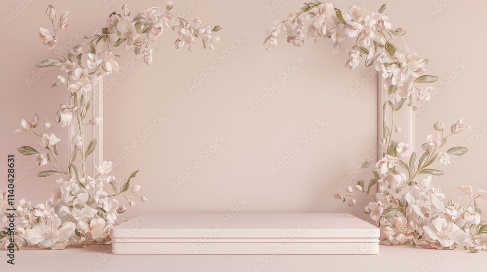 Poster elegant 3d podium with floral frame and empty space for presentation