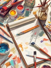 Naklejka premium Artistic workspace showcasing brushes, paints, and a sketchbook for creative expression in a vibrant studio setting. Generative AI