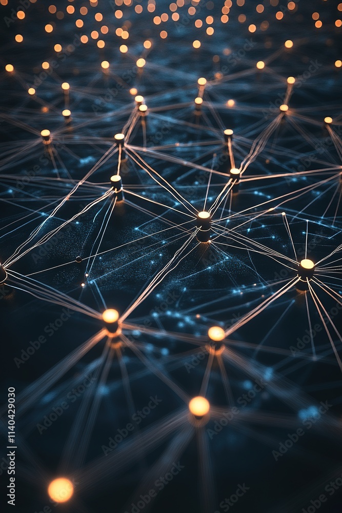 Poster glowing nodes and lines forming a network on dark background.