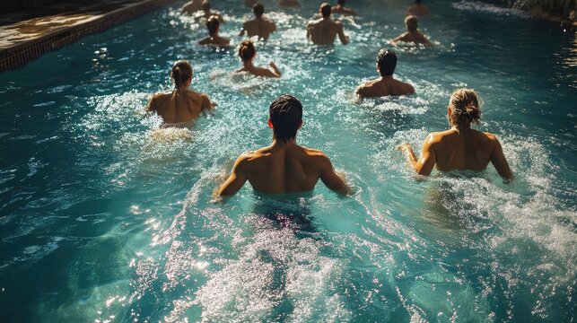 A group doing water aerobics in a pool, practicing low-impact exercise