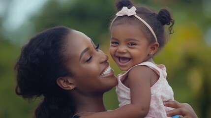 African American Happy young mom lifting up her daughter, mother's day