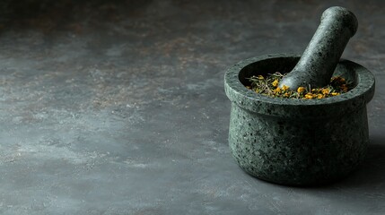 A stone mortar and pestle with herbs, set on a textured surface, emphasizing a natural and rustic culinary theme.