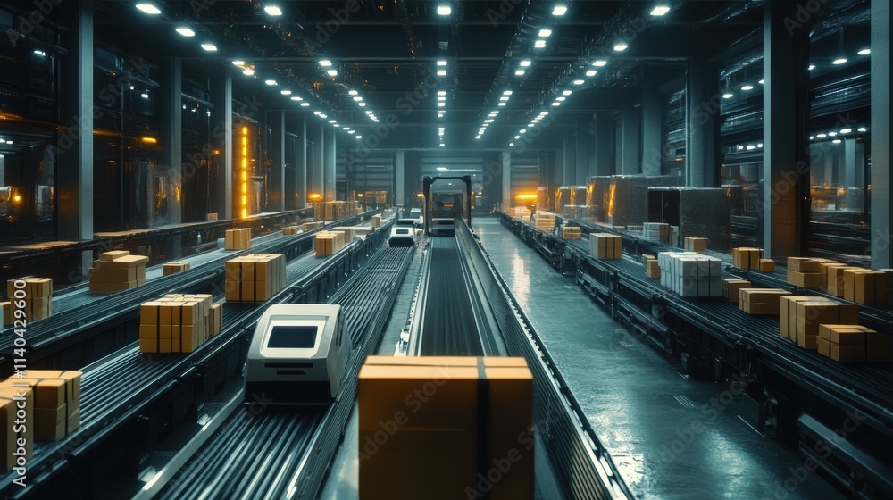 Poster automated package sorting operation modern warehouse industrial environment dynamic perspective effi