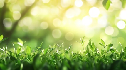 Bright and refreshing spring garden with green grass and soft bokeh foliage in the background