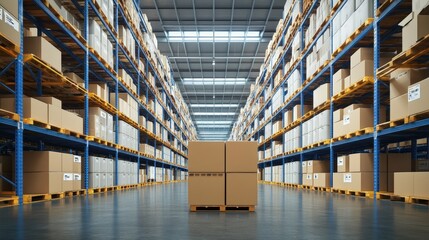 Warehouse operations logistics center interior photography industrial environment wide-angle view supply chain management