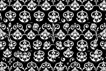 Obraz premium Black and White Damask Floral Pattern: A timeless and elegant black and white damask floral pattern with intricate details for a sophisticated look. Perfect for invitations, stationery, textiles.