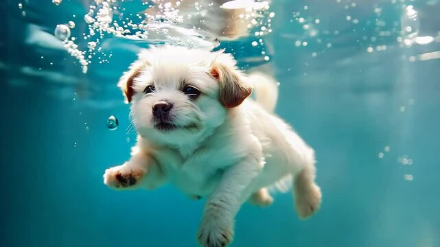 A small white dog is swimming in a pool of water. The dog is having fun and enjoying the water