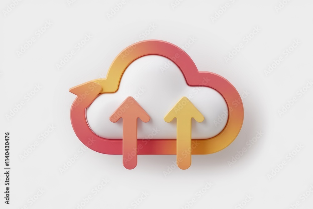 Poster 3D cloud icon with upward arrows  symbolizing data upload and cloud storage.