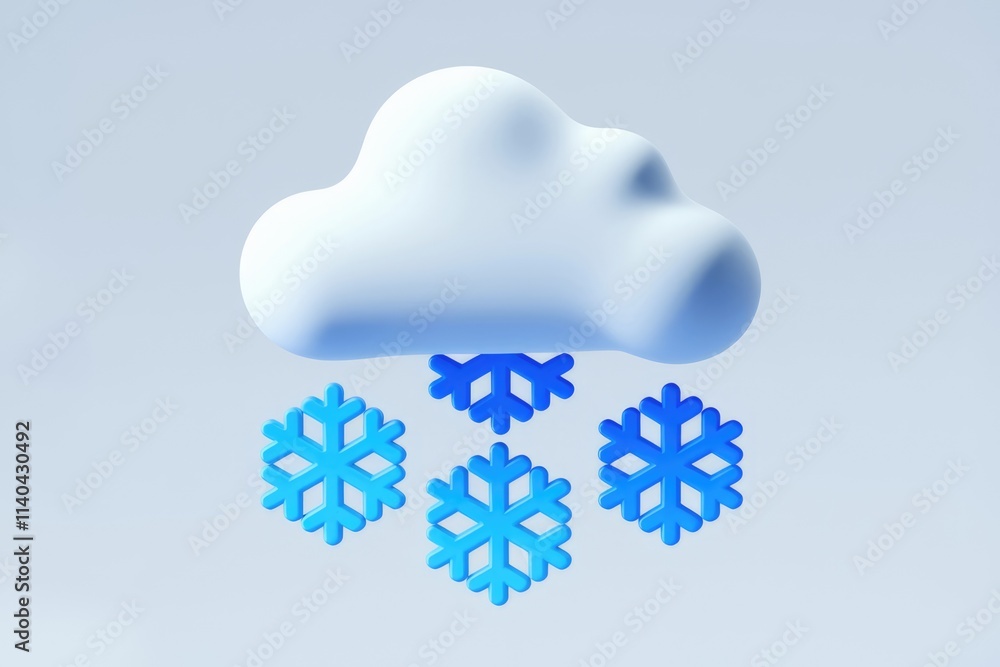 Poster A 3D render of a fluffy white cloud with three blue snowflakes falling below  symbolizing snow.