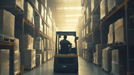 Forklift operator moving boxes in industrial warehouse logistics operations professional environment focused perspective efficiency concept