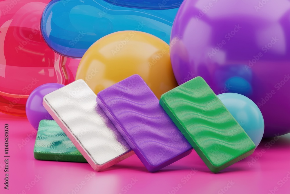 Poster Abstract 3D rendering with glossy spheres and textured shapes.