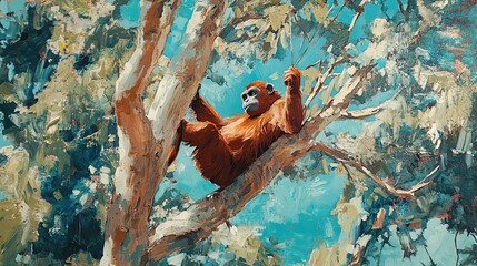 Orangutan perched high in a lush rainforest canopy, painted in vibrant strokes.