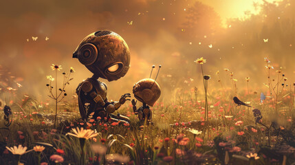 a very touching friendship between robots in a beautiful flower garden