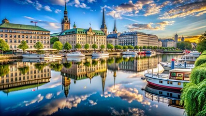 Fototapeta premium Hamburg Binnenalster Lake: Stunning Panoramic Photos, High-Resolution Images, Picturesque Scenery, Cityscape Views, German Landmark Photography
