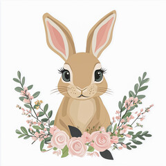 Obraz premium Cute Watercolor Bunny with Flowers,