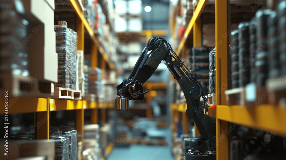 Poster robotic arm operating in warehouse industrial automation inventory management high-efficiency enviro