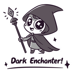 Cute Cartoon Character of Dark Enchanter with Sparkling Eyes and Magic Staff