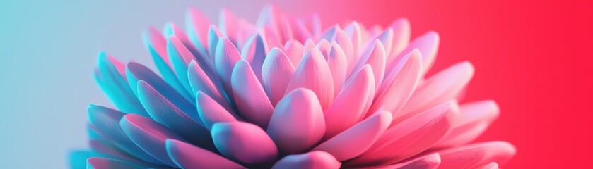 A vibrant, close-up image of a pink flower with soft petals against a gradient background of blue and red hues.