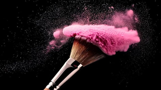 A makeup brush with pink powder on it. The brush is in the air and the powder is falling