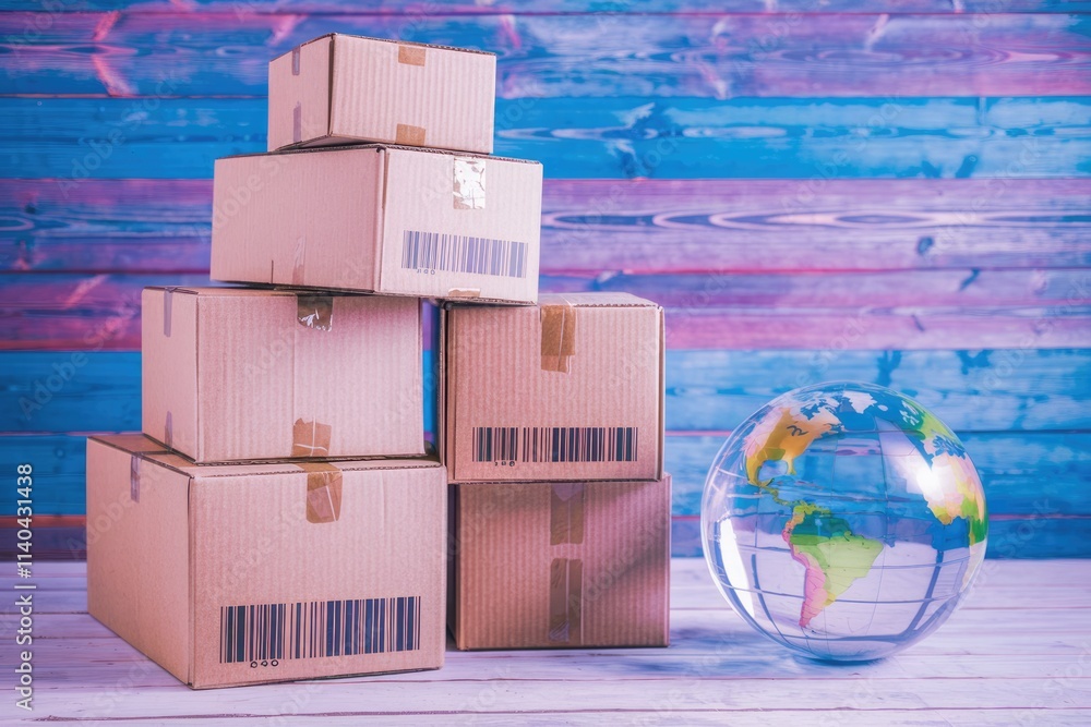 Poster A stack of cardboard boxes with barcodes  symbolizing global e commerce and shipping.