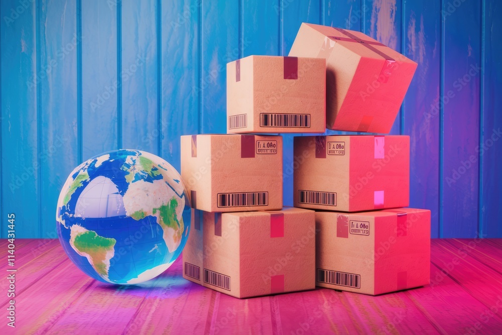Poster Global e commerce illustrated with globe and boxes for shipping.