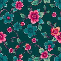 Floral Vines: A vibrant seamless pattern of teal and pink blossoms entwined with lush green vines, perfect for adding a touch of nature to any design project.