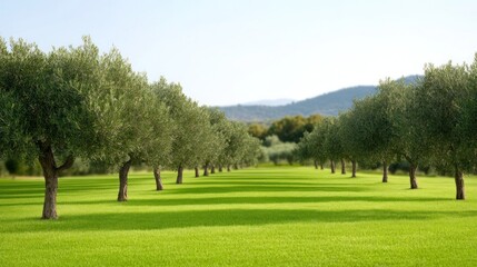 Naklejka premium Serene olive grove with lush grass and distant hills.