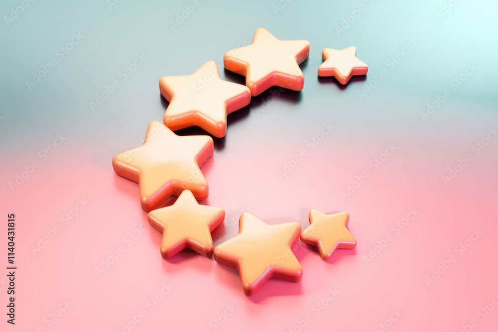 Poster Seven 3D peach stars arranged in a crescent shape on a gradient background.
