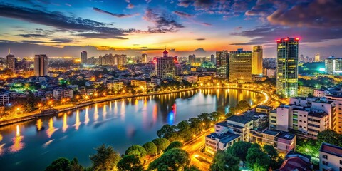 Fototapeta premium Hanoi Skyline Night Photography: Stunning Low Light Cityscape Images