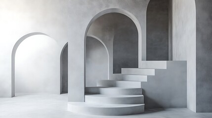 Arched steps softly lead up photo minimal building interior mockup. AI Generated