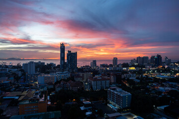 Sunset view from the 22nd floor of a condominium in Pattaya town Chonburi district Thailand Asia