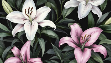 Obraz premium Beautiful lilies in a watercolor seamless pattern with pink and white colors.
