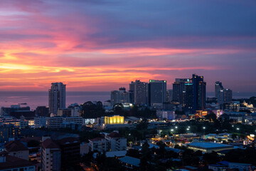 Sunset view from the 22nd floor of a condominium in Pattaya town Chonburi district Thailand Asia