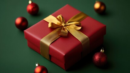 Obraz premium Red gift box wrapped in golden ribbon on a green background with ornaments for festive charm