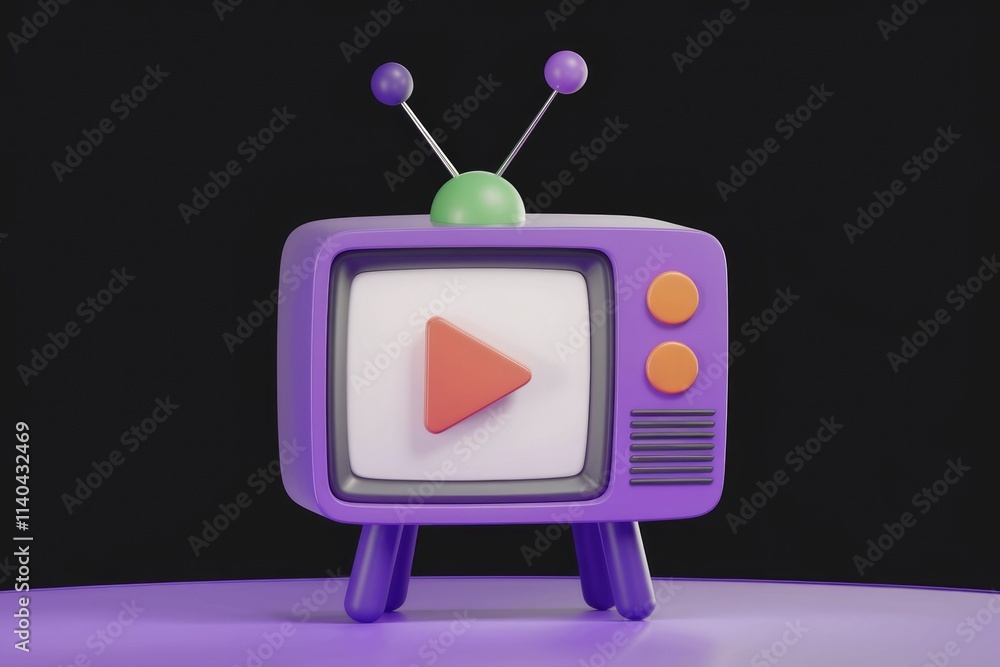 Poster a retro purple television with a play button symbolizing video content.