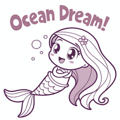 Cute Cartoon Mermaid with a Dreamy Expression and Ocean Elements for Fun Illustrations